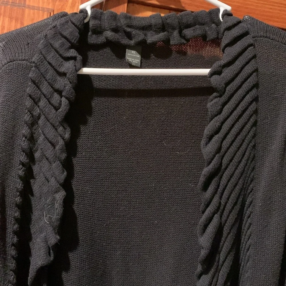 Macys Inc black 100% cotton cardigan sweater w ruffled detailing szXL boho style - Picture 2 of 5